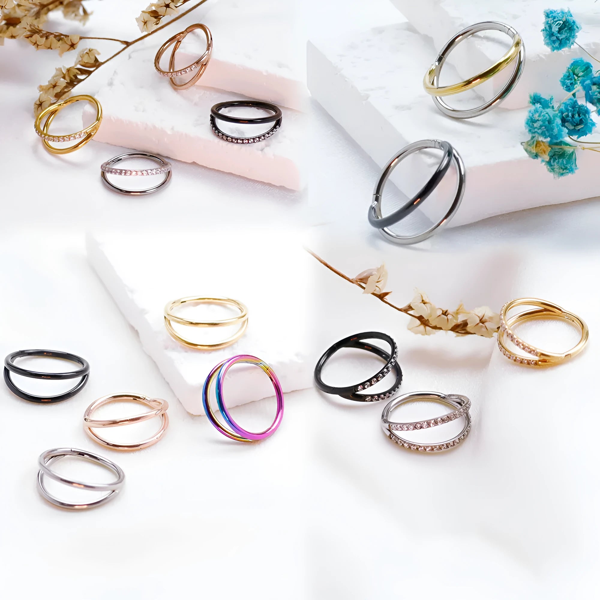 Titanium alloy nose ring piercing stud shown in silver and gold, available in multiple sizes with optional diamond accent.