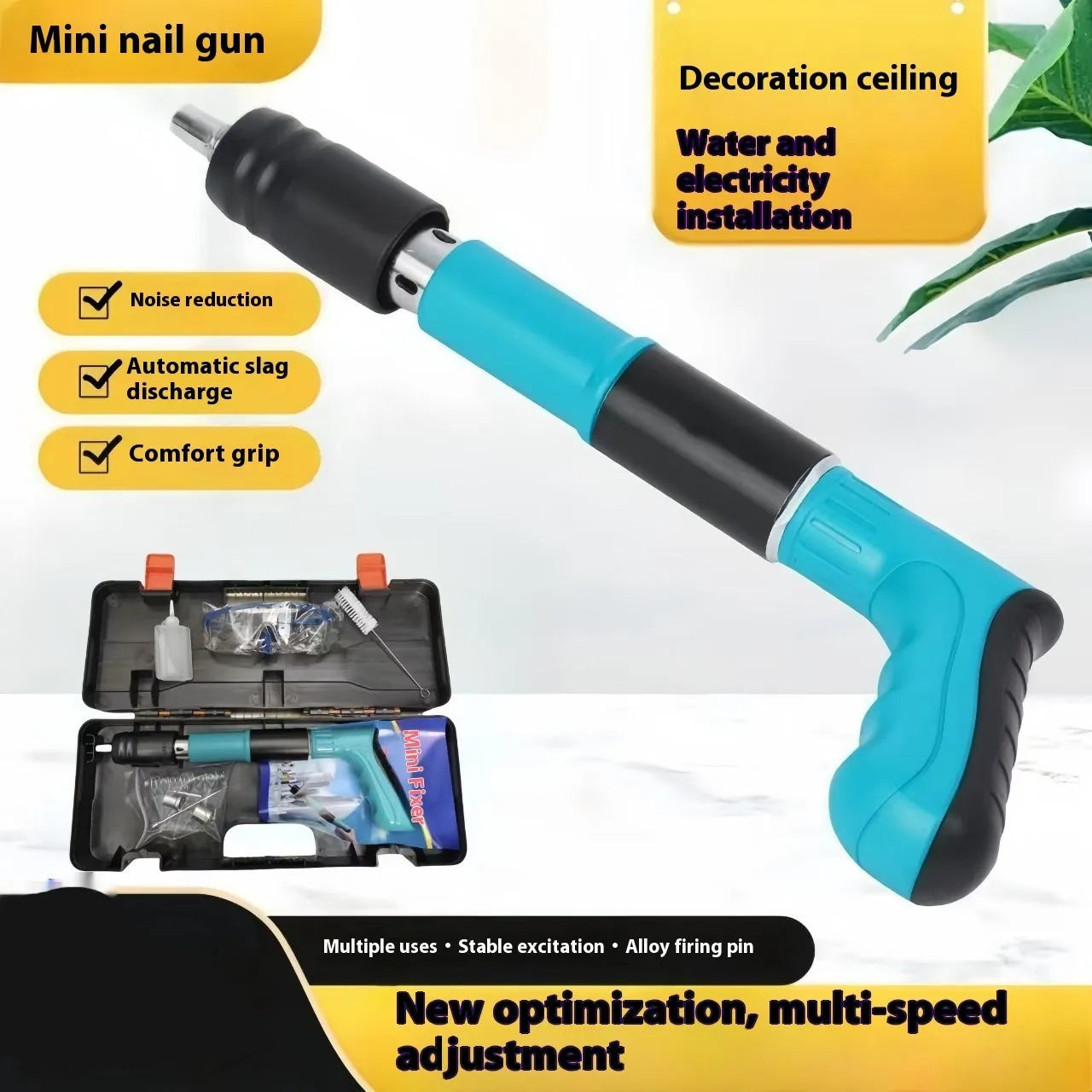 Mini ceiling nail gun with green toolbox and 25mm nails side exhaust