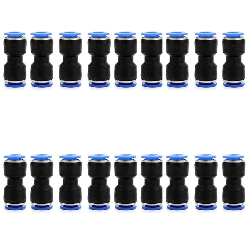 Blue Jinqi pneumatic straight through quick connector for PU tubing sizes 4mm to 16mm.