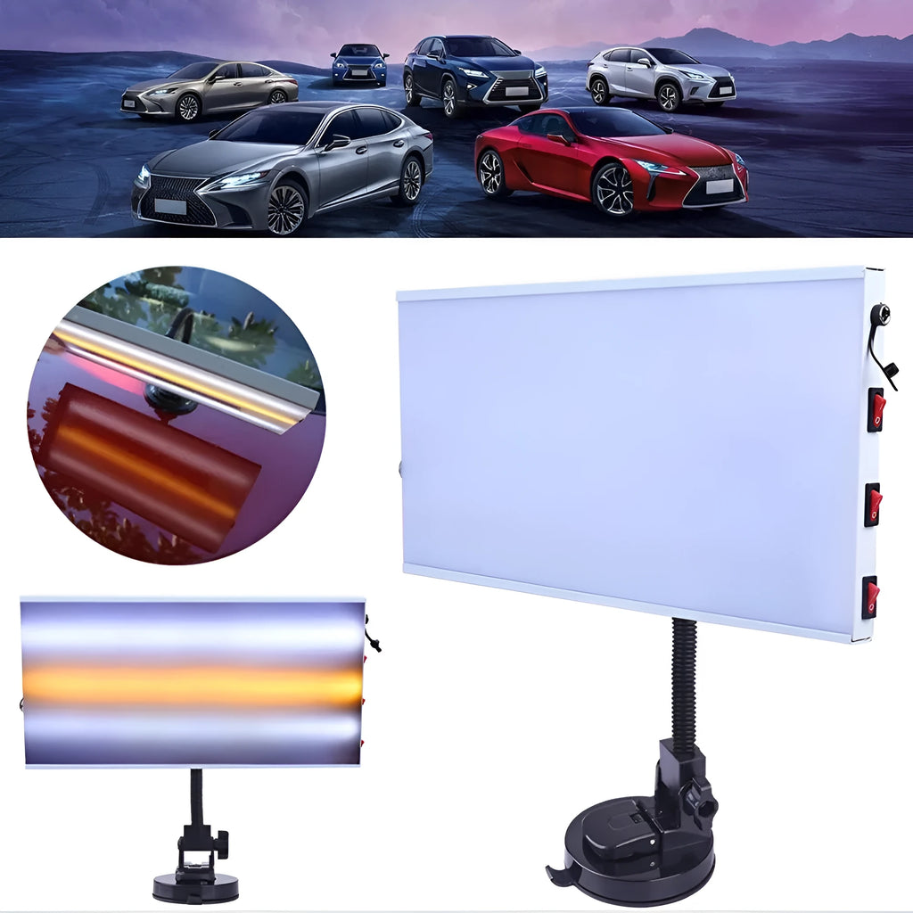 White car dent repair detector kit with MPT X009 inspection light for automotive bodywork assessment