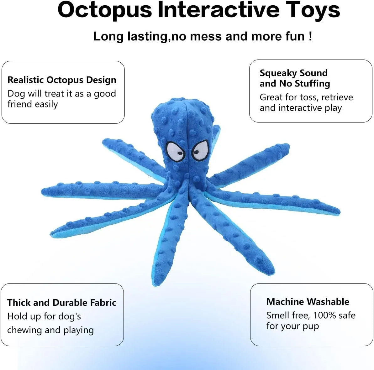 Blue octopus-shaped plush dog toy with crinkle paper and squeaker features on a plain background.