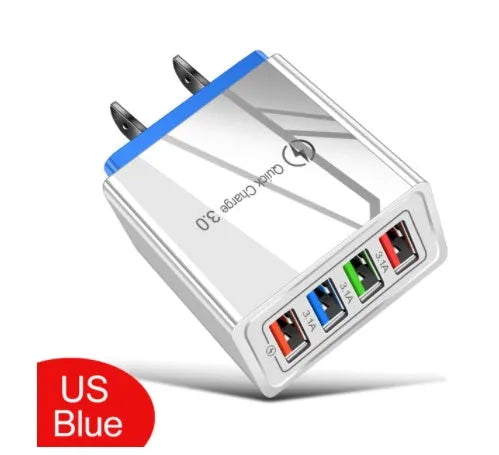 Four-port USB wall charger plug in multiple colours with European or British plug options