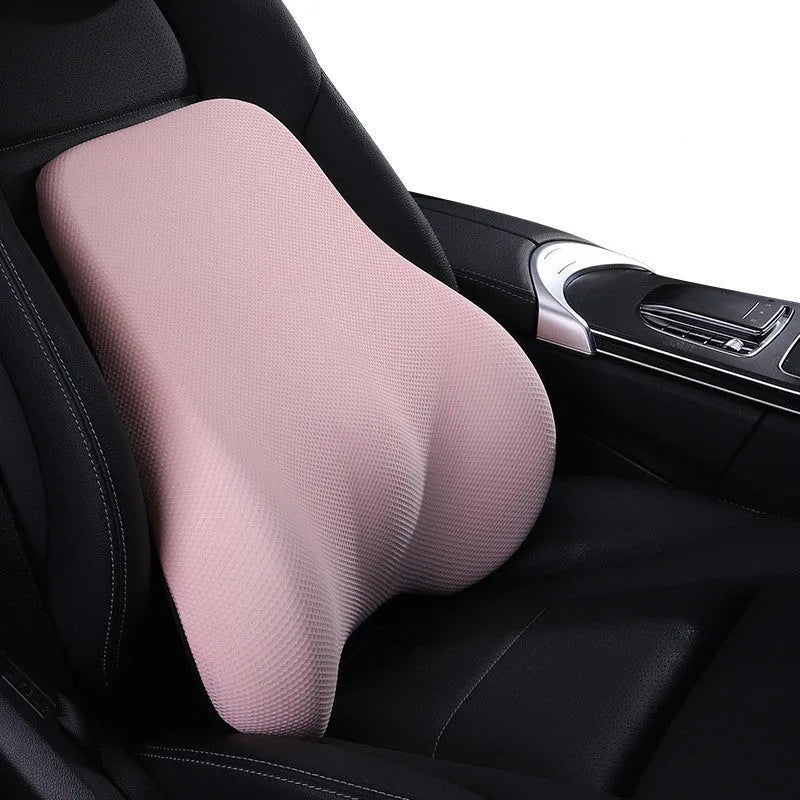 Ergonomic car headrest and lumbar support cushion with BASF memory foam in breathable starry sky net fabric on a car seat