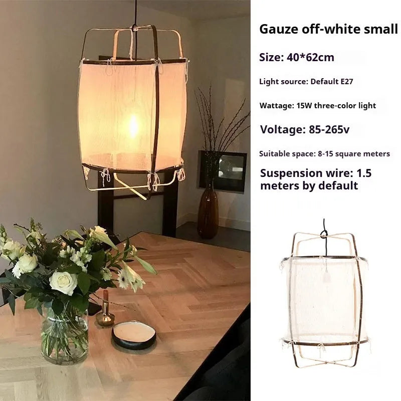 Design pendant lamp with 40cm diameter bamboo frame and beige gauze mini edition shade for restaurant use