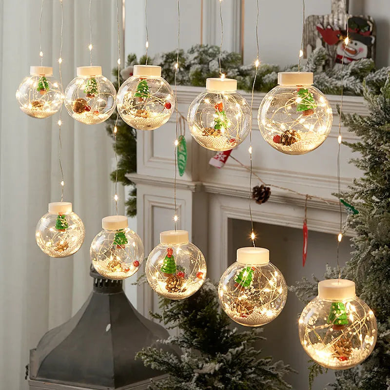10-piece LED Christmas curtain light set with snowman and Christmas tree wishing ball designs for window decoration