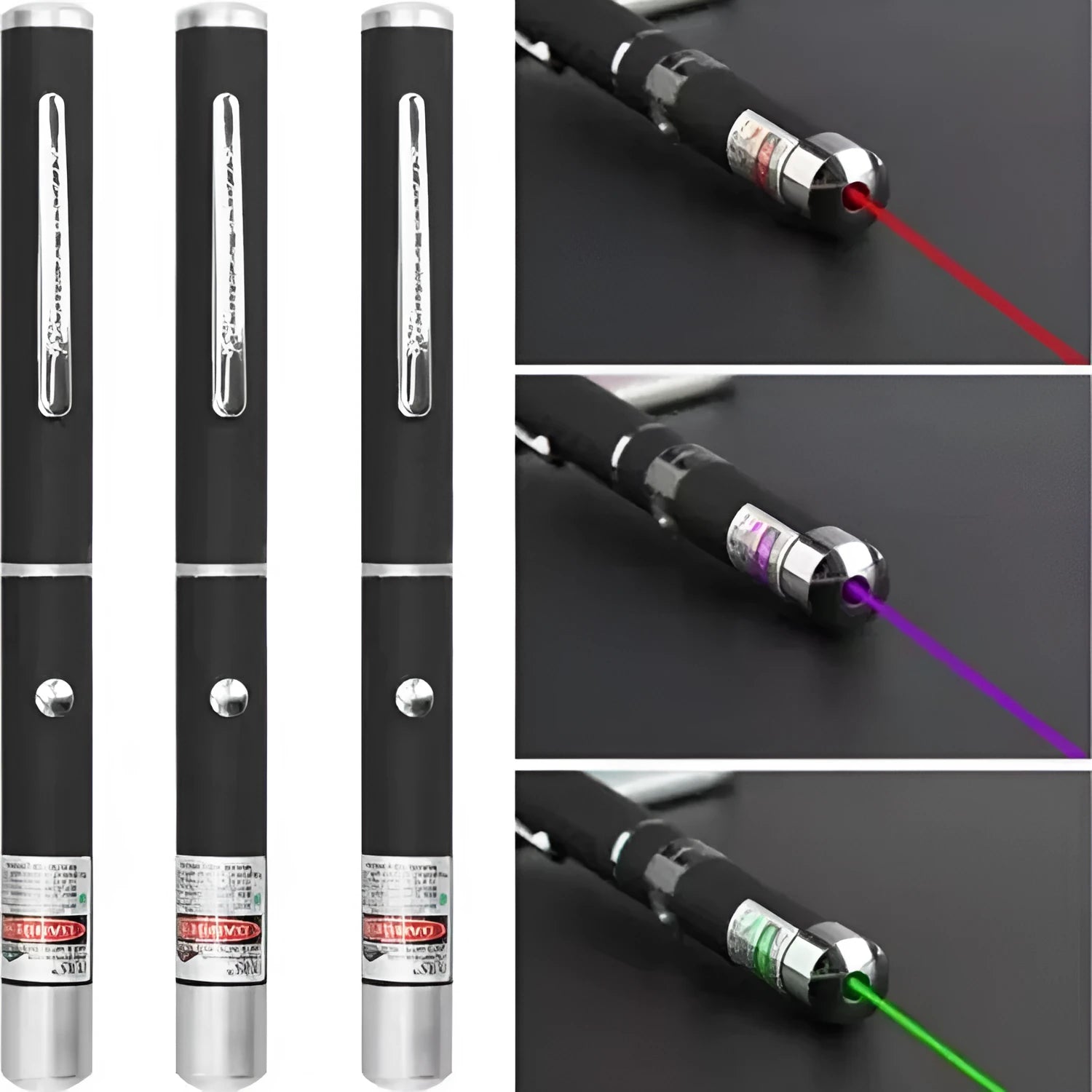 Three metal laser pens in green, purple, and red light colours for dog and cat chasing play