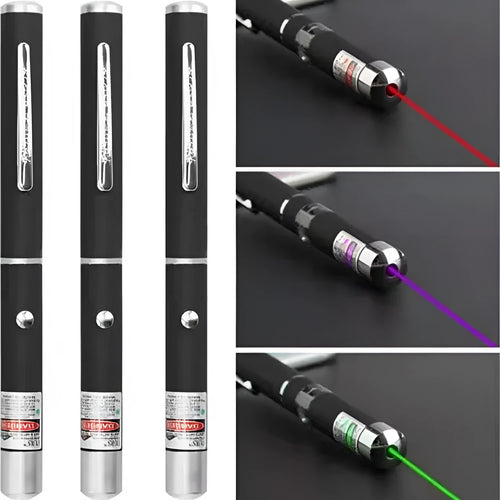 Three metal laser pens in green, purple, and red light colours for dog and cat chasing play