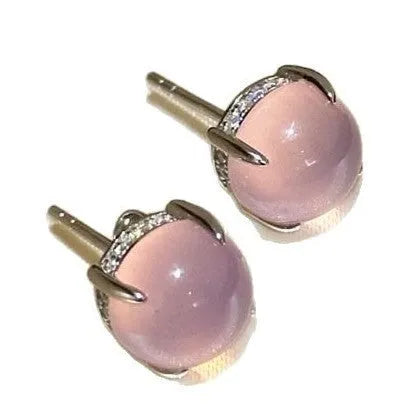 Chinese retro round egg surface chalcedony earrings in copper with four-claw settings