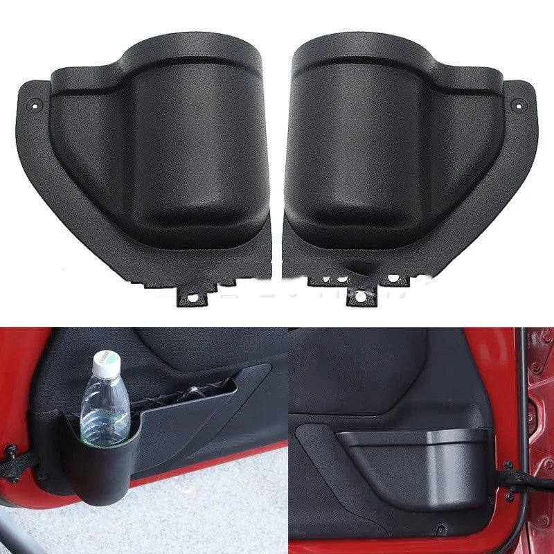 Black ABS plastic storage box mounted on a Jeep Wrangler interior door panel.
