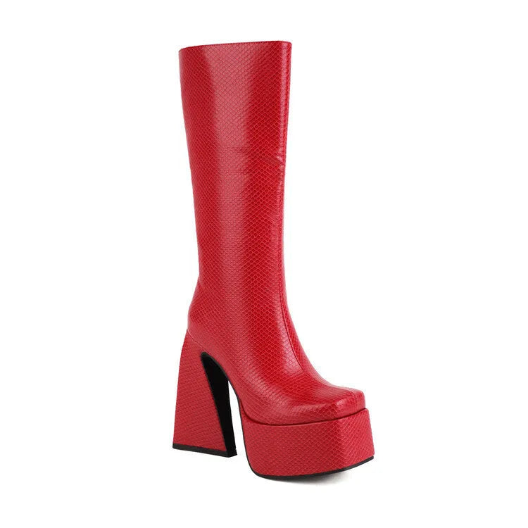 Women's black casual high boot with artificial PU upper, shown from the side.