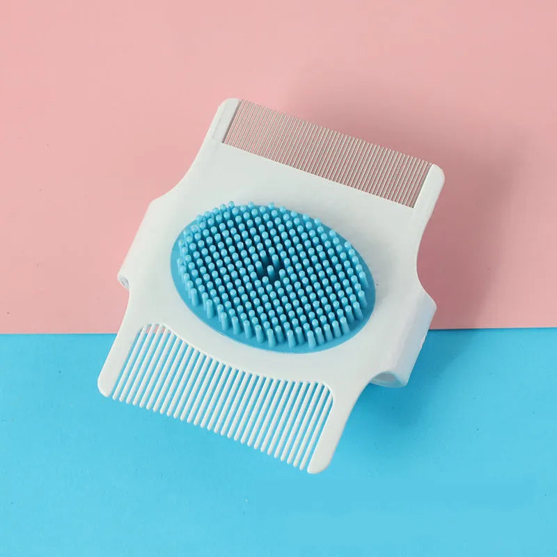 Blue multifunctional pet grooming comb with four tool heads for hair removal and massage