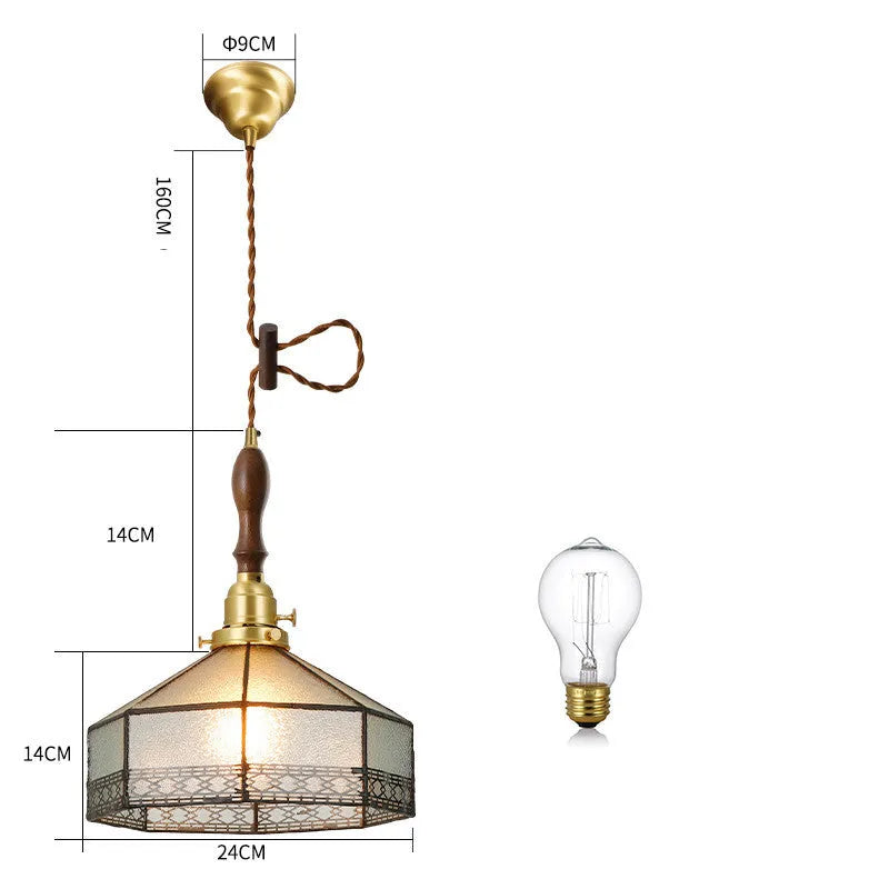 Japanese retro brass and glass chandelier with hand-blown shades and walnut ceiling plate