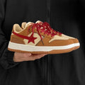 Brown women's platform sneakers with sequin decoration and lace-up front