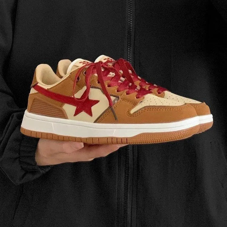 Brown women's platform sneakers with sequin decoration and lace-up front