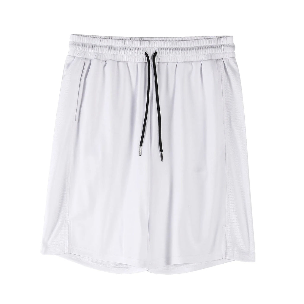 Men's black quick-drying mesh shorts with elastic waistband, shown in a loose casual fit.