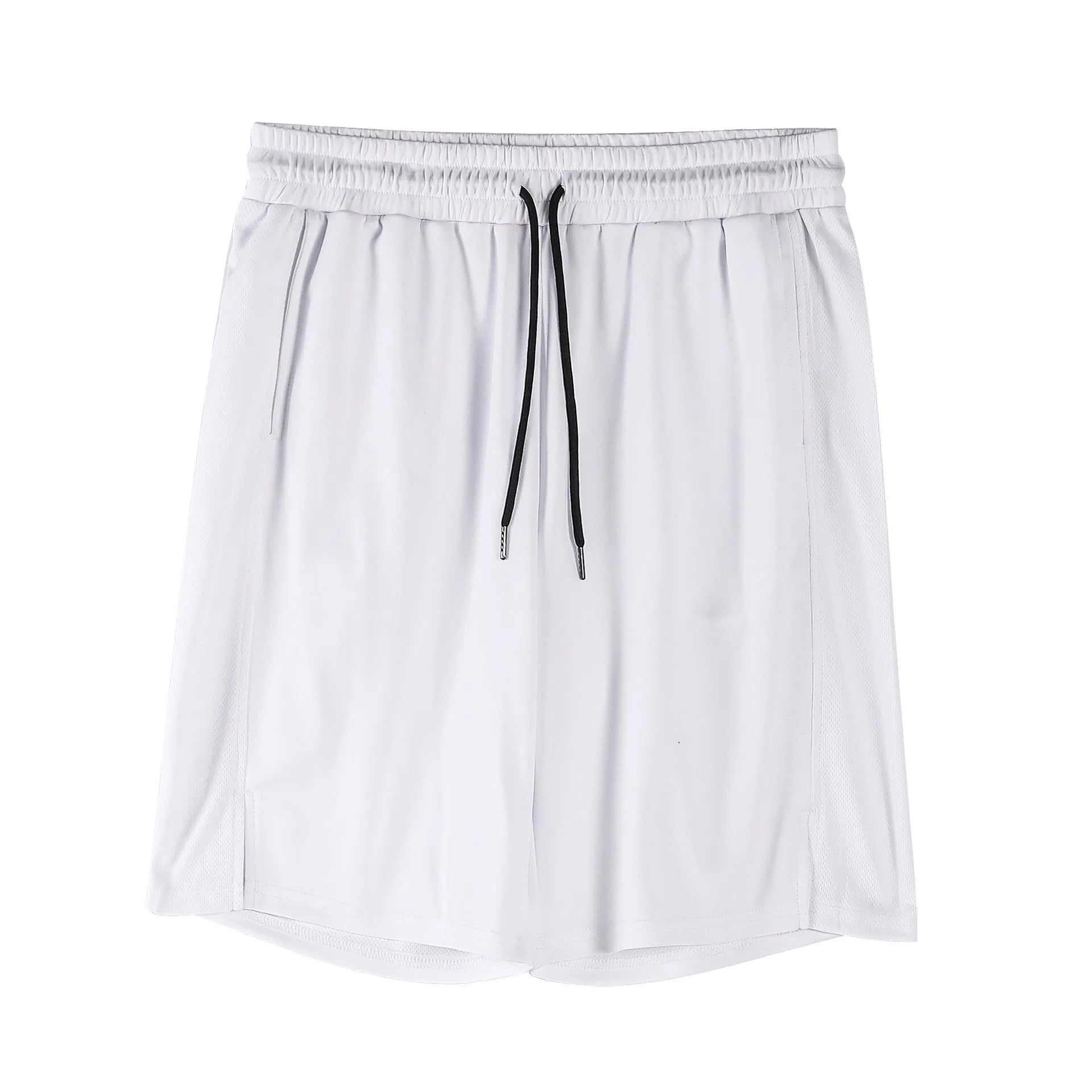 Men's black quick-drying mesh shorts with elastic waistband, shown in a loose casual fit.