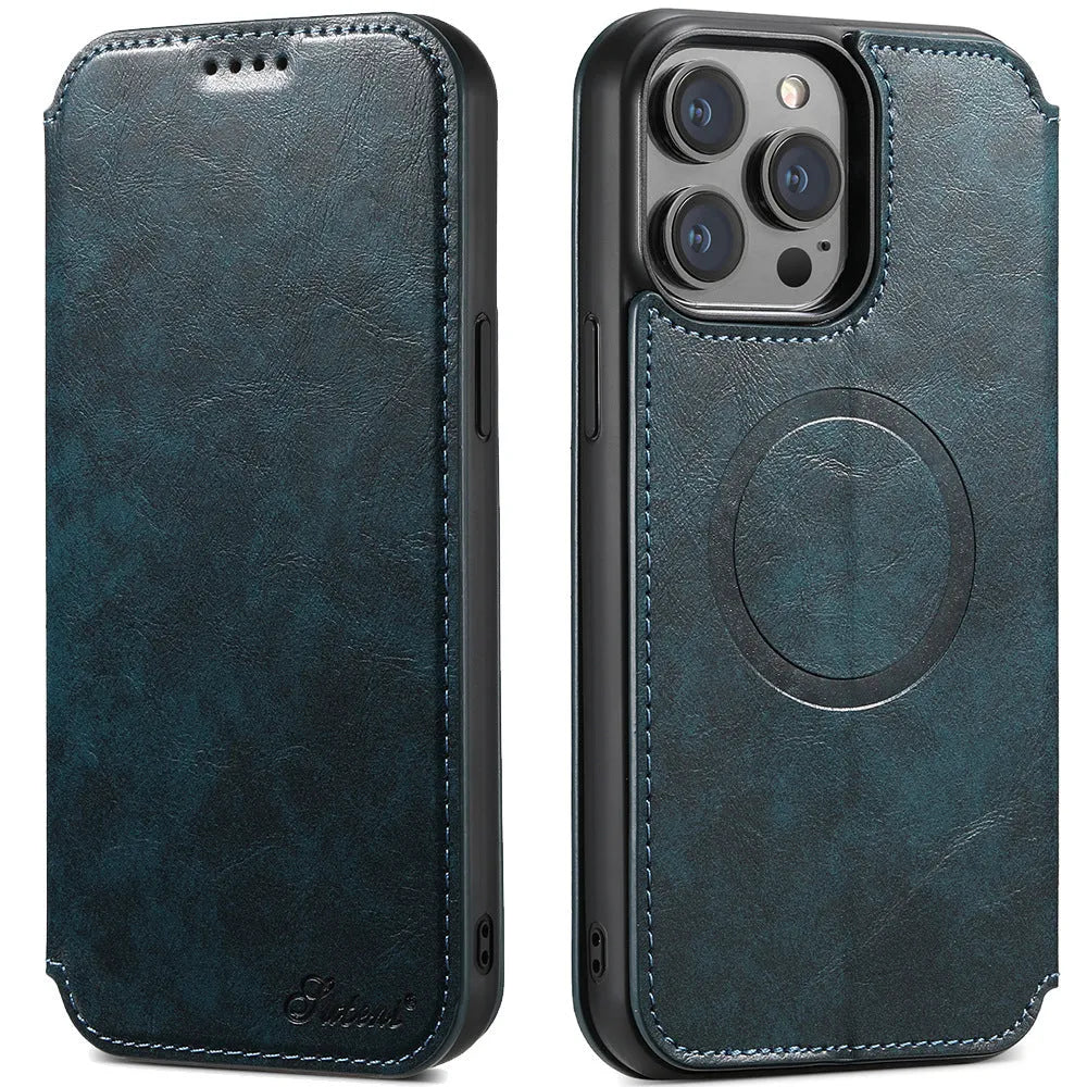 Magnetic wireless charger protective leather case phone case with bracket and card slot in J05 Black
