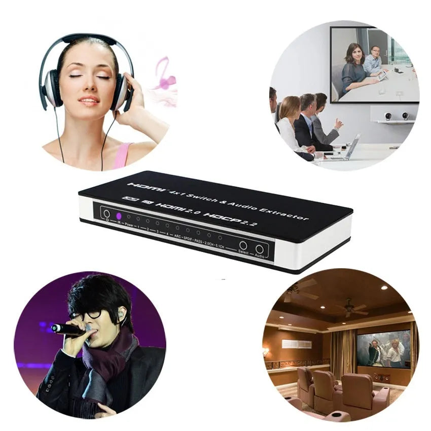 Black HDMI audio-video switch with 4 input ports and 1 output port, remote control included