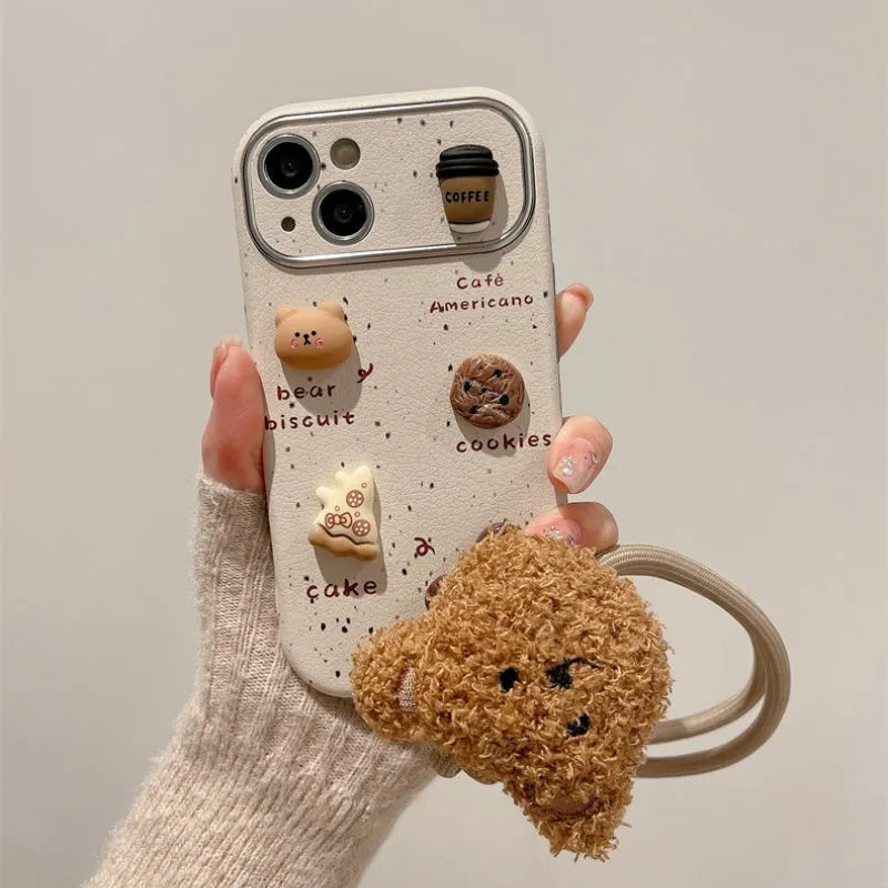Imitation leather soft phone case with chain lanyard in Maillard brown for iPhone