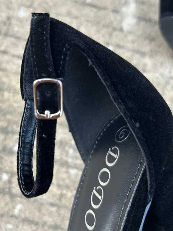 Black suede 13cm chunky heel platform sandals with ankle-strap buckle for women