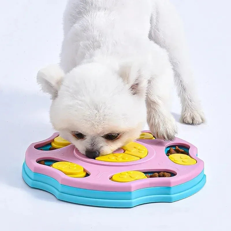 Blue plastic dog puzzle feeder bowl with interactive games for aggressive chewers