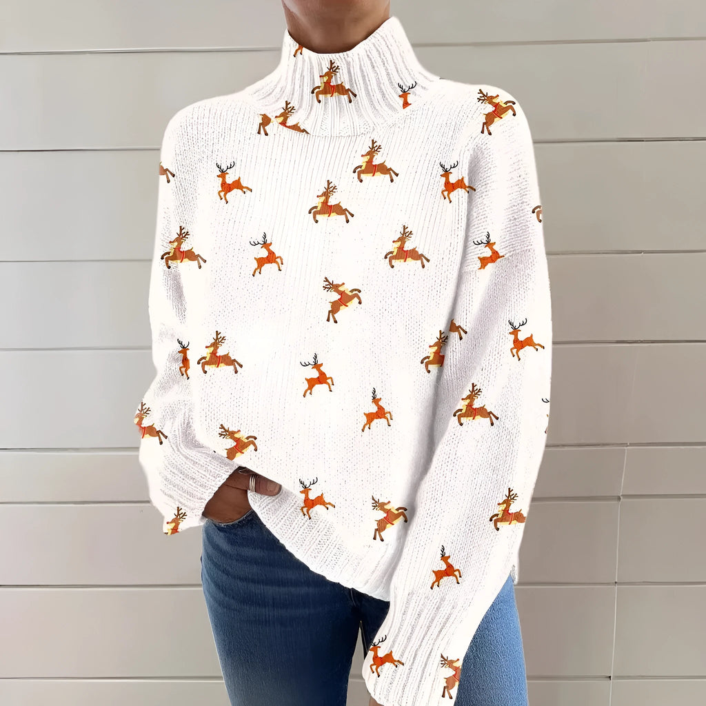 Women's loose-fit Christmas printed turtleneck sweater in a soft macaron colour.