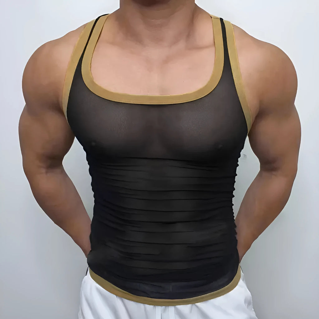 Men's black polyester mesh fitness vest with straight hem for sports activities