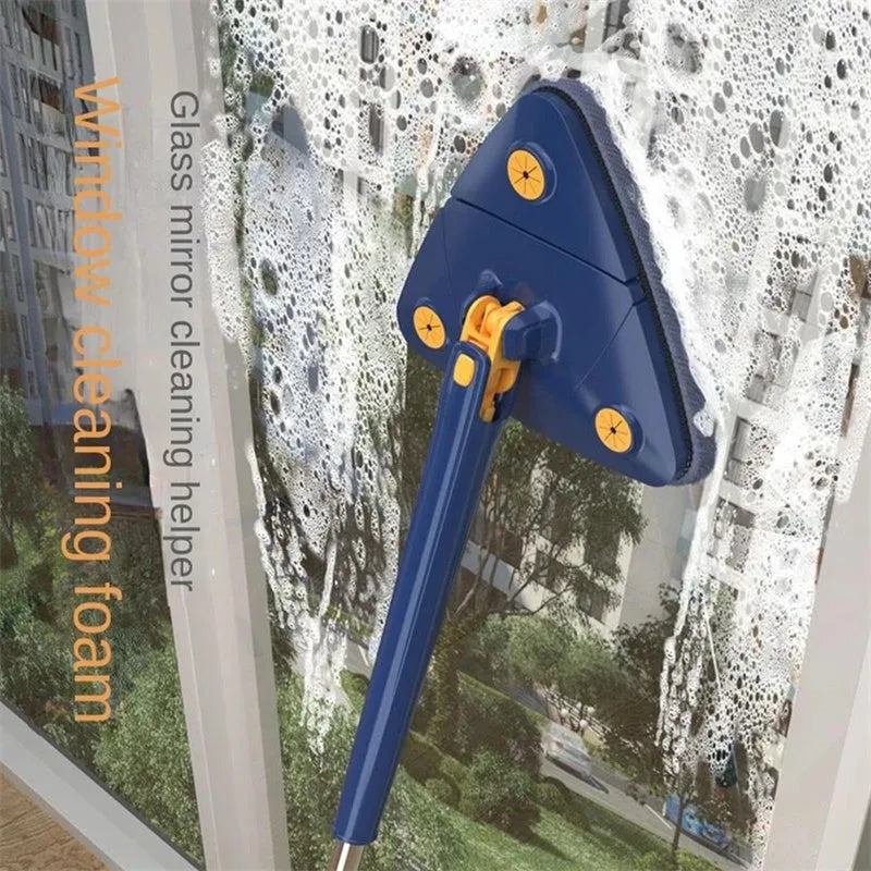 Blue extendable triangle mop with 360 rotating head and microfibre cloth for cleaning floors and walls