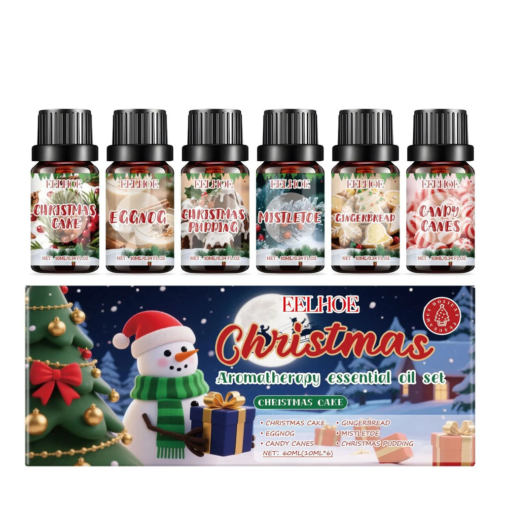 Christmas aromatherapy oil suit showing six diffuser units with 60ml and 10ml bottles