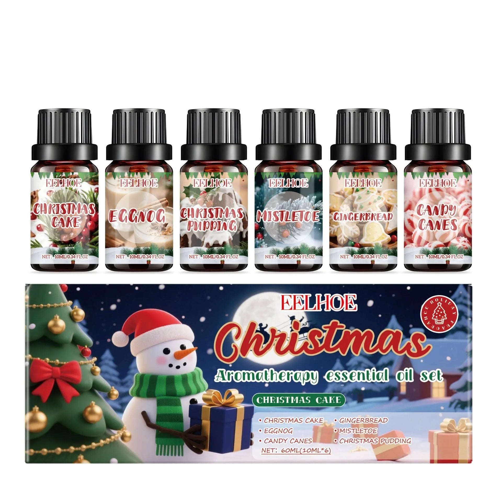 Christmas aromatherapy oil suit showing six diffuser units with 60ml and 10ml bottles