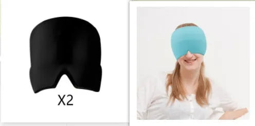 Black elastic ice gel headache relief eye mask shown on a mannequin head, adjustable for 42-66cm circumference.