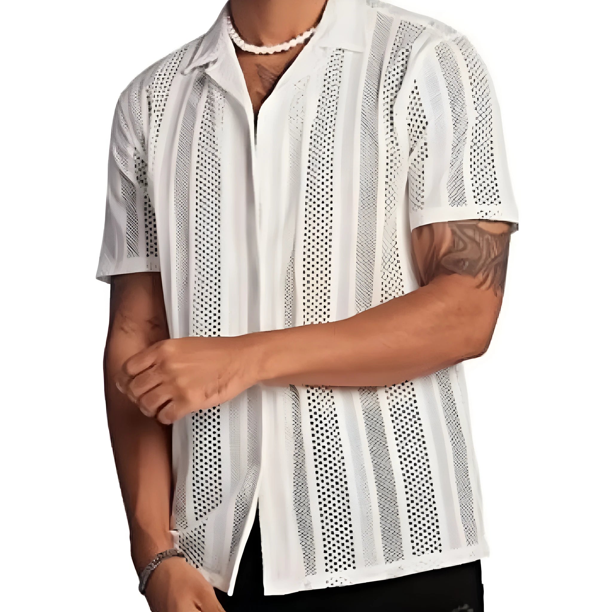 Men's white knitted short-sleeve button shirt with jacquard texture in cardigan style