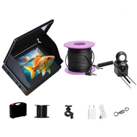 Underwater fish finder camera with 4.3-inch screen showing HD footage of fish, with temperature display and night vision lights.