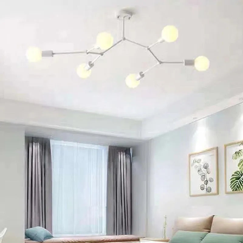 Nordic style iron chandelier ceiling lamp in black or white with multiple light heads.