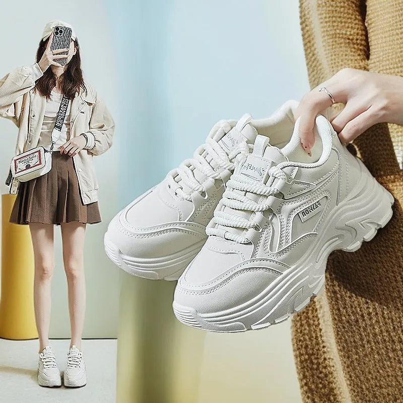 Breathable student sports height increasing low-top shoes for women, artificial PU upper, rubber sole, round head