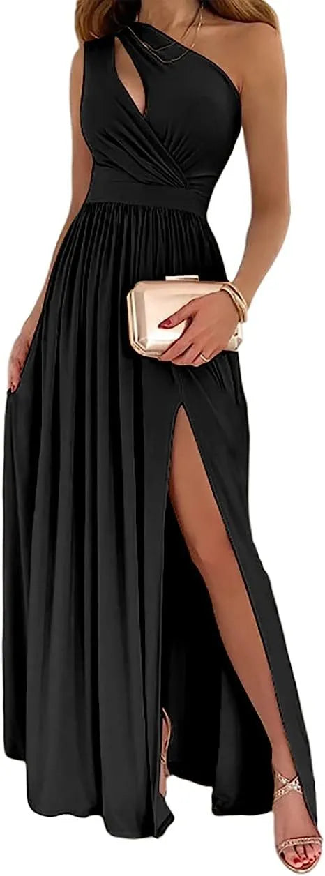 Women's one shoulder maxi dress with high split and cutout sleeveless design in soft fabric