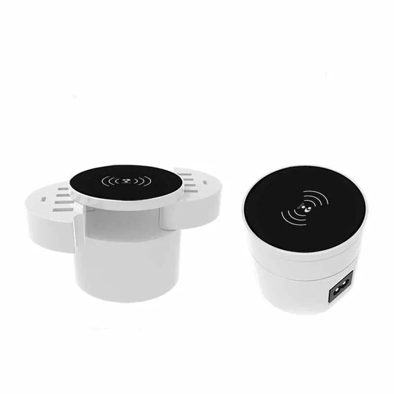 Ceramic white circular wireless charger with cable and international adapters for EU UK US outlets