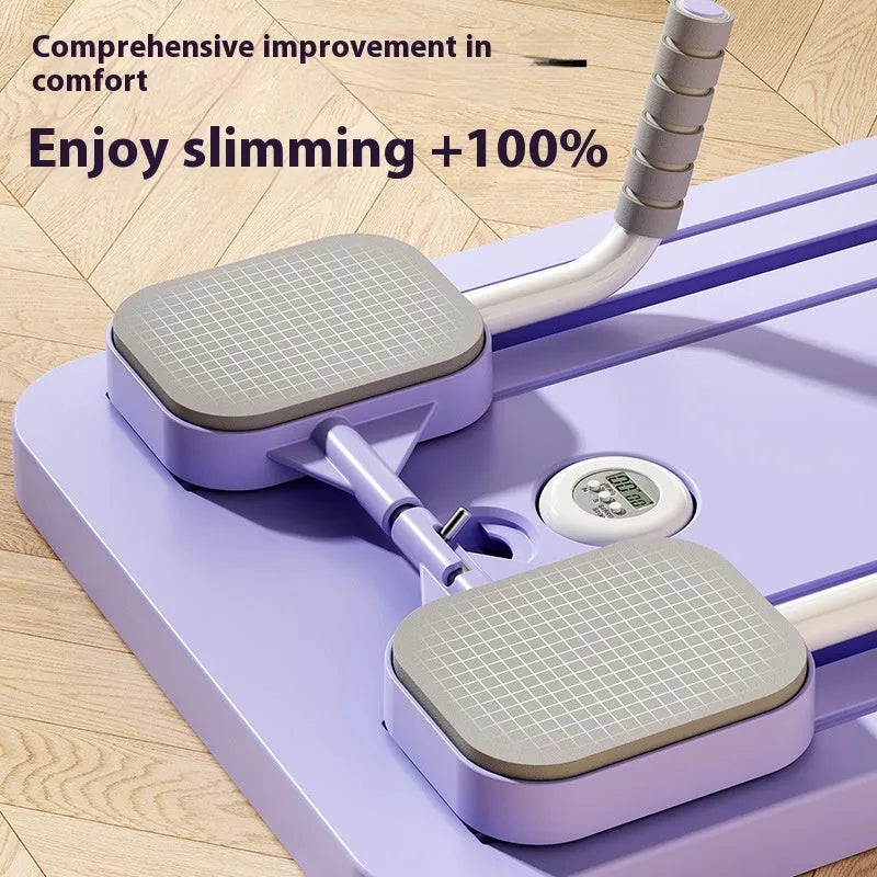 Standard purple household fitness board with automatic rebound abdominal wheel on a stable PP plastic base.