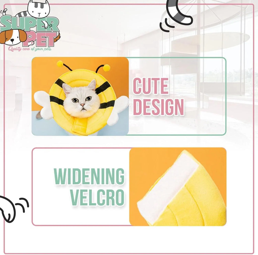 Soft cat cone collar with bee design showing adjustable velcro closure for wound protection