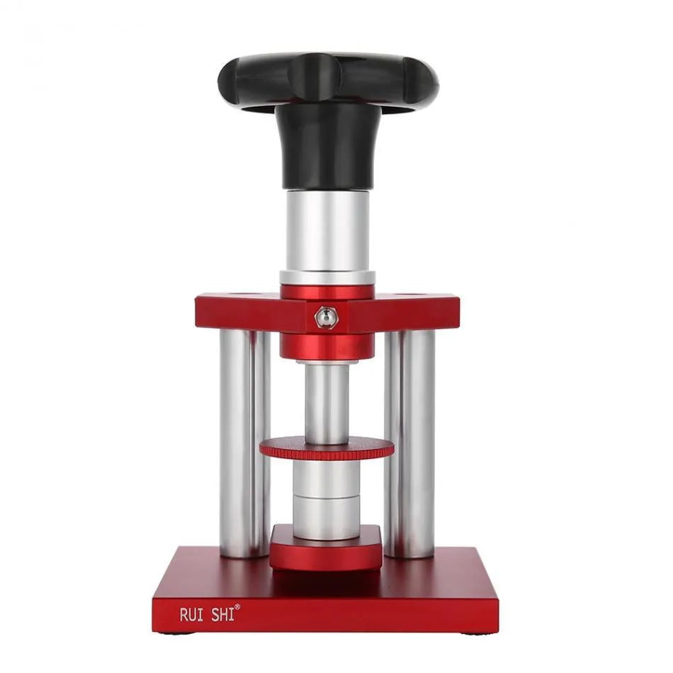 Watch repair spiral cap presser device with a set of 20 plastic moulds for watch backs.