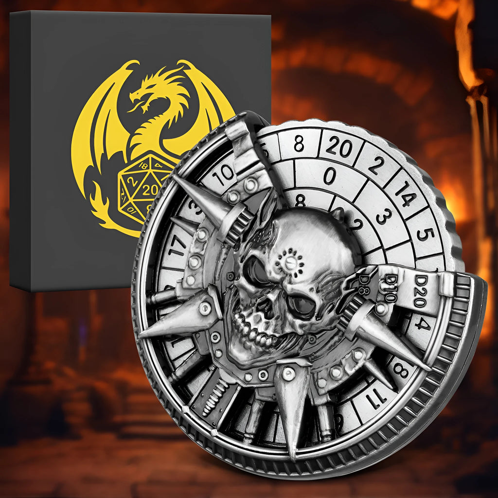 Skeleton metal wheel dice gift box with bronze D20 and D10 dice on a dark tabletop