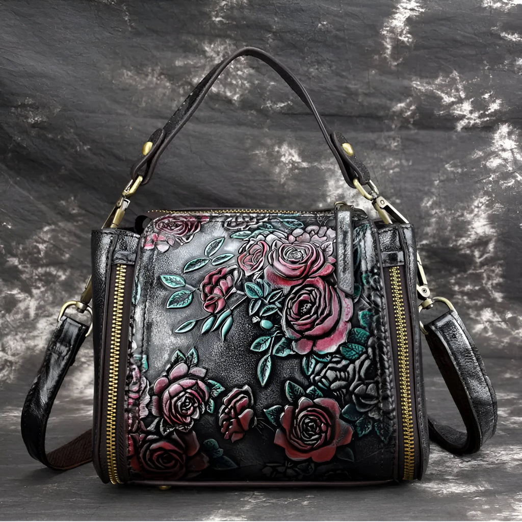 Genuine leather women's square shoulder bag in brown with internal phone and file compartments.