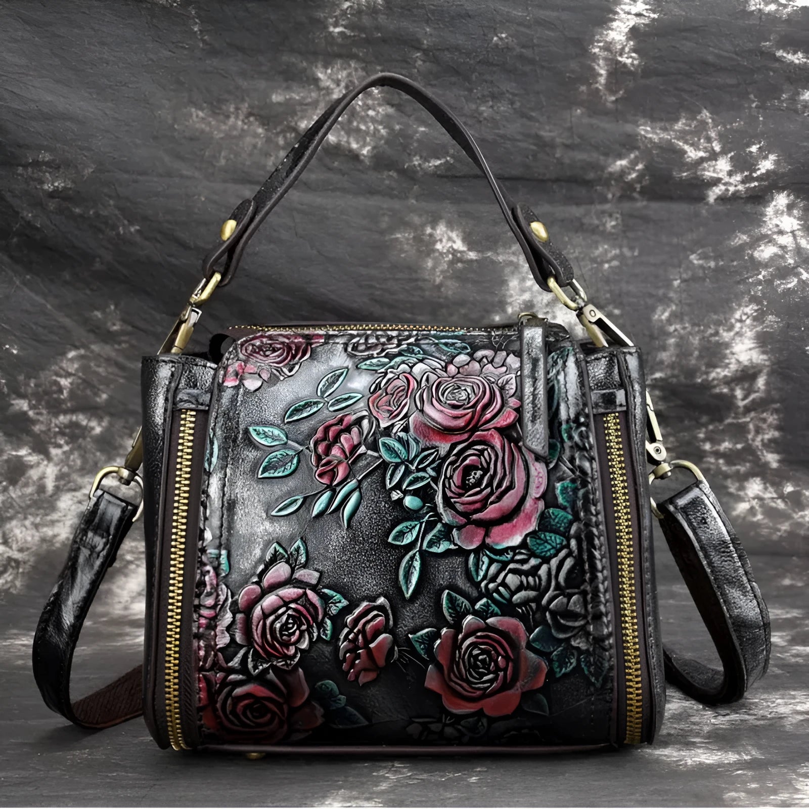 Genuine leather women's square shoulder bag in brown with internal phone and file compartments.