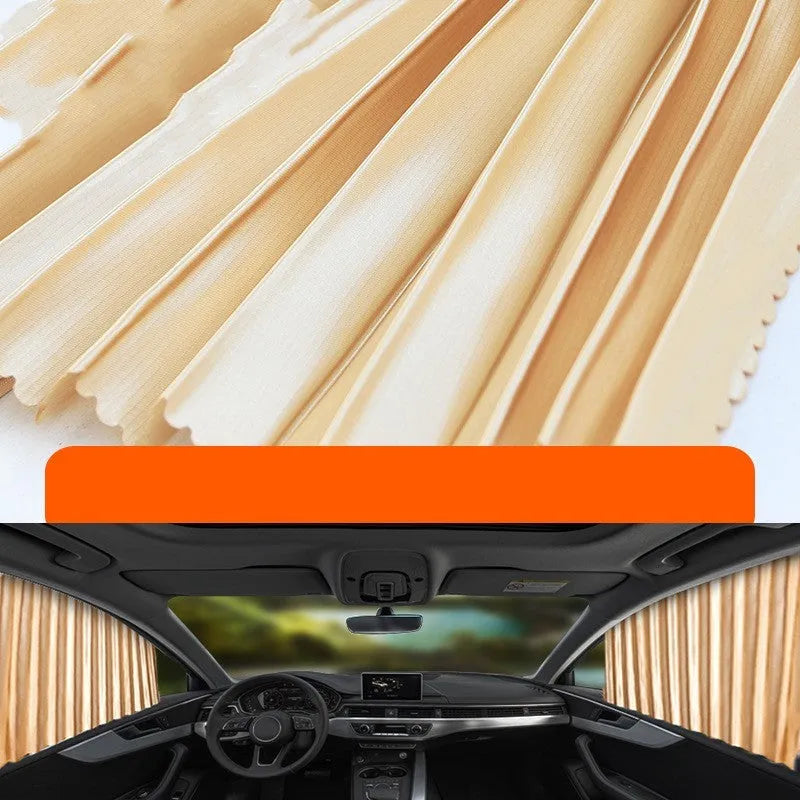 Retractable car sunshade curtain with roller shutter mechanism in thick opaque cloth material