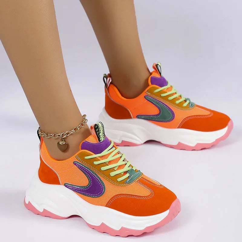 Mixed-colour women's lace-up sneakers with breathable mesh upper, thick rubber sole, and round toe in orange and purple