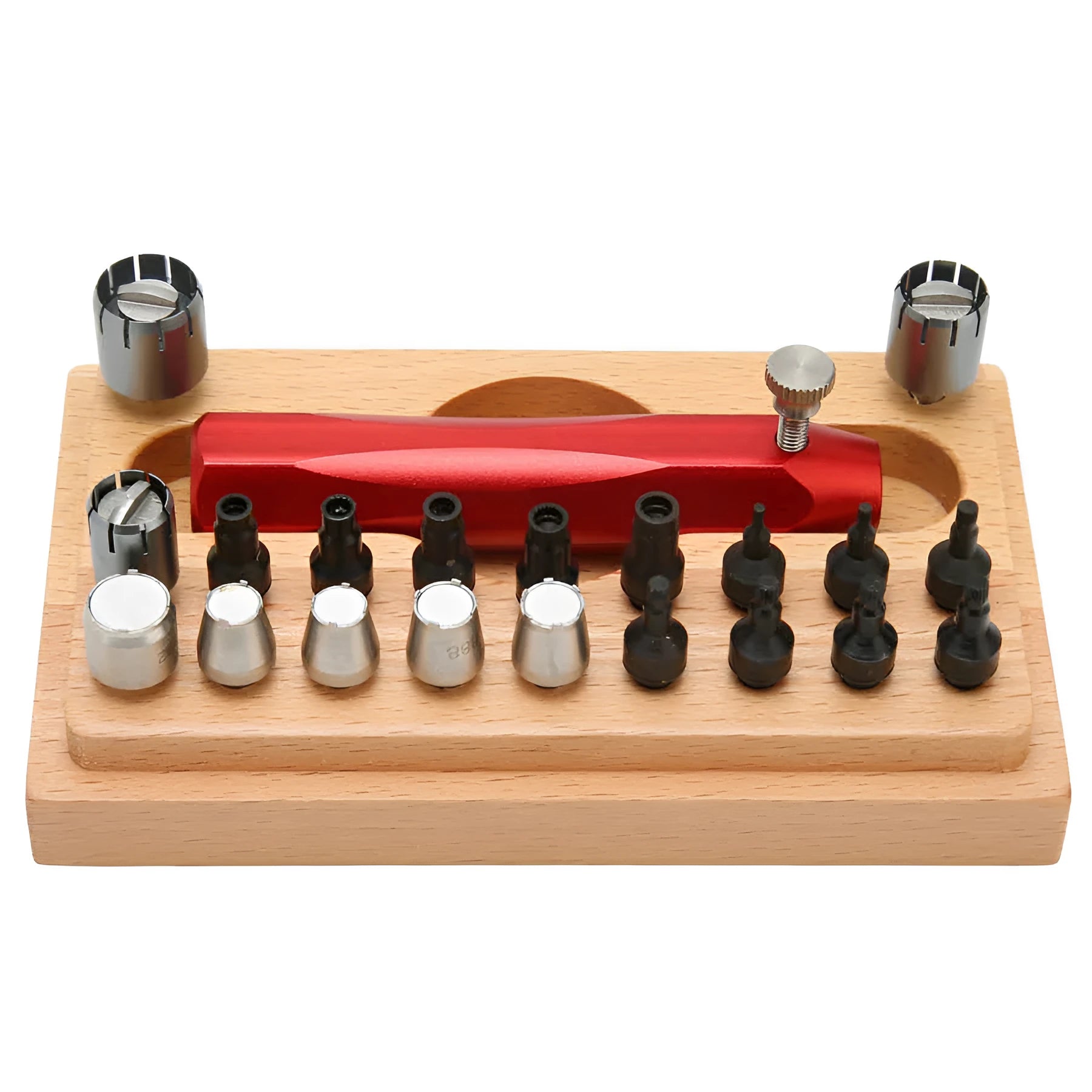 20-piece steel watch repair open tube set with barrel-opening tool in compact storage case