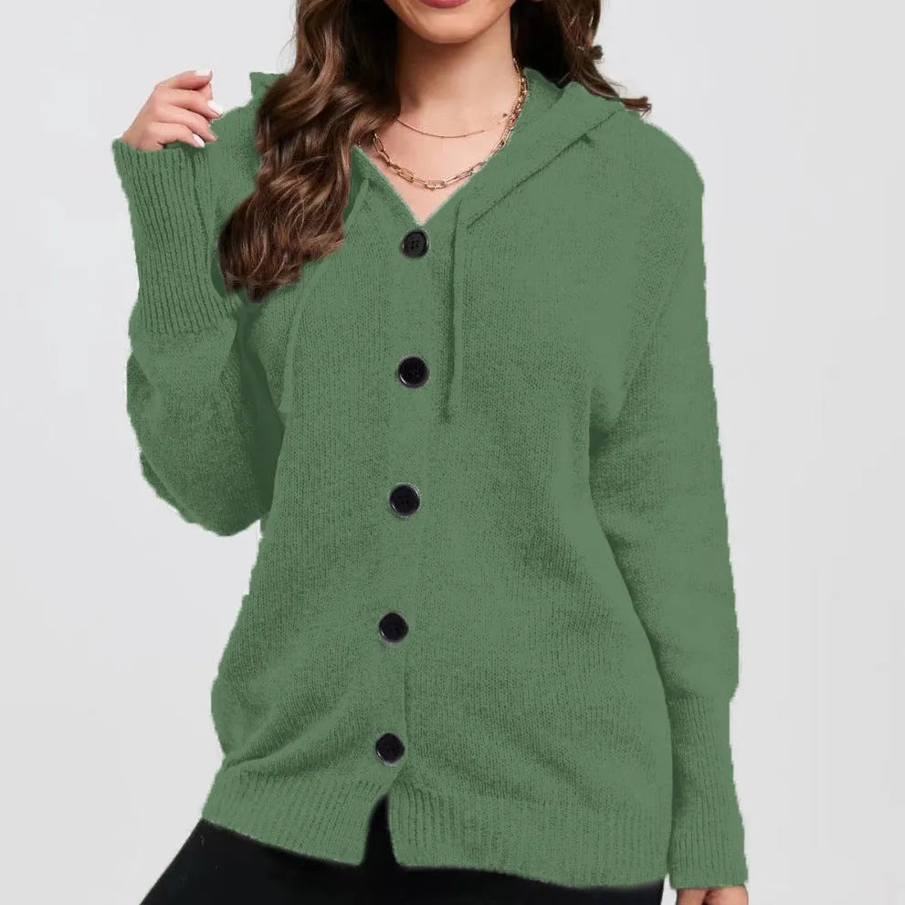 Women's thick cotton hooded cardigan sweater in solid colour with single-breasted closure.