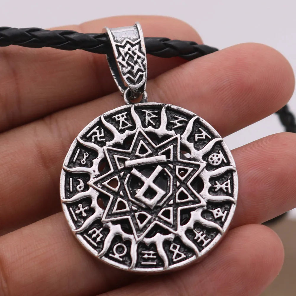 Lunavin ODing logo pendant necklace with antique silver chain on grey background