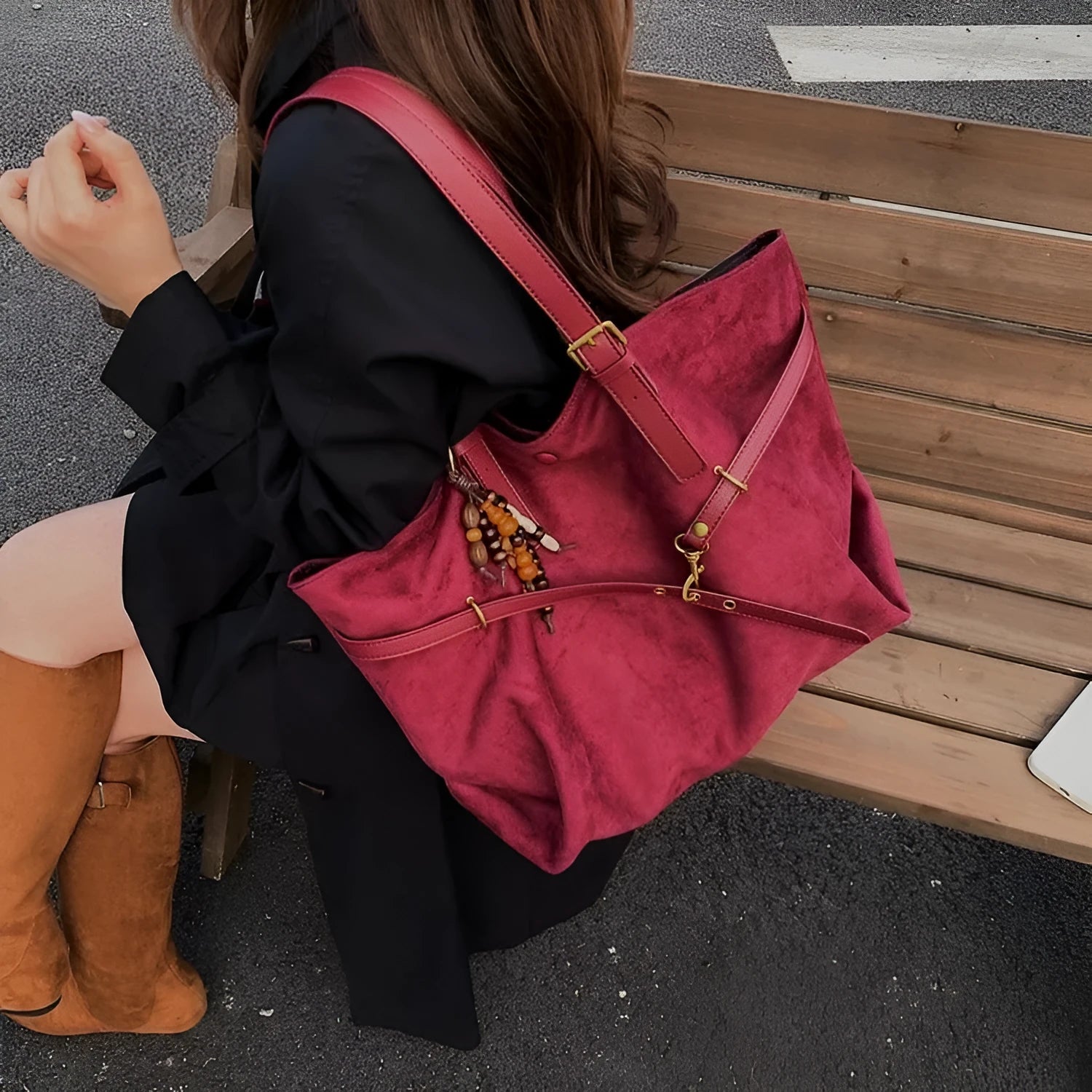 New retro large capacity PU shoulder bag for women in wine red with pendant