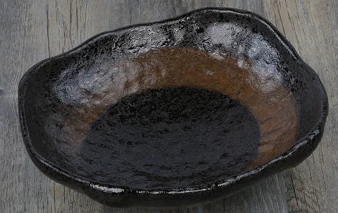 Irregular shaped Japanese coarse pottery sashimi bowl with floral decoration 24cm ceramic